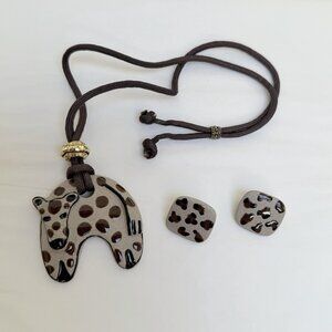Vintage Ceramic Cat Cheetah Calderon Signed Necklace Clip On Earrings Set Gift